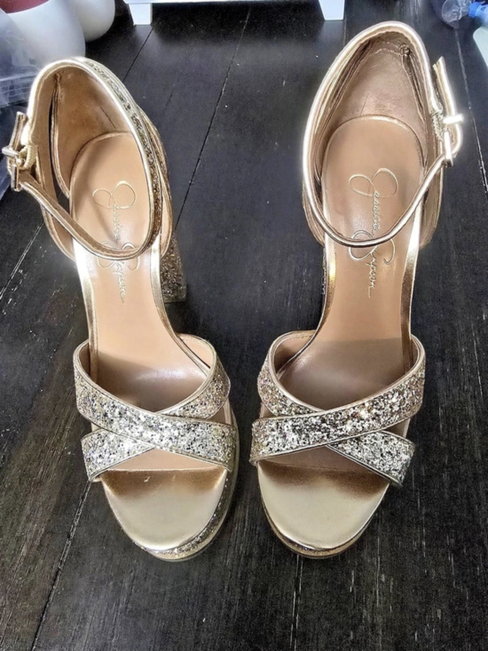 Jessica Simpson Sherron Glitter Ankle Strap Block Heel Sandal Sherron Gold